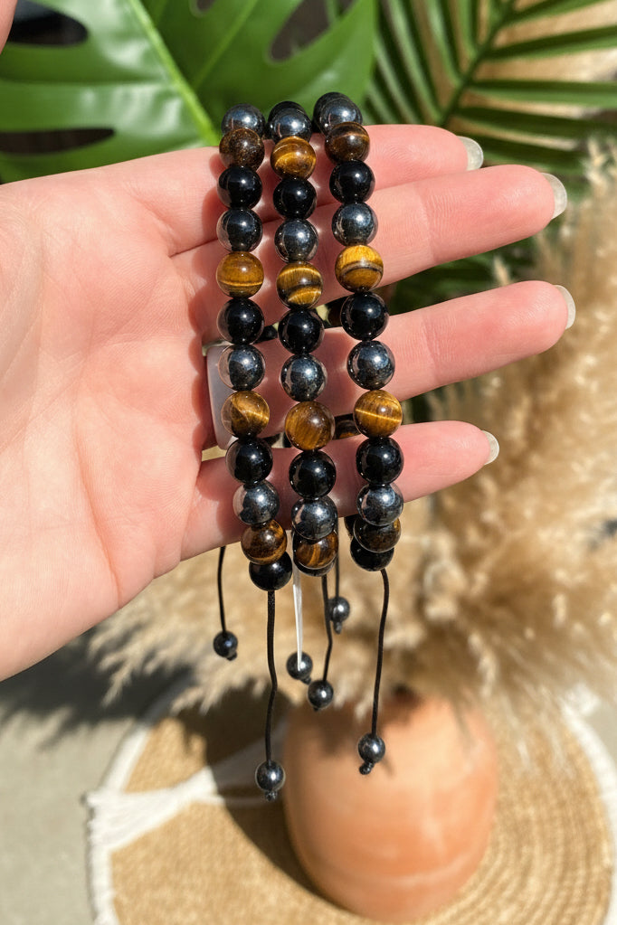 Hematite•tiger’s eye•black agate string bracelet ￼
