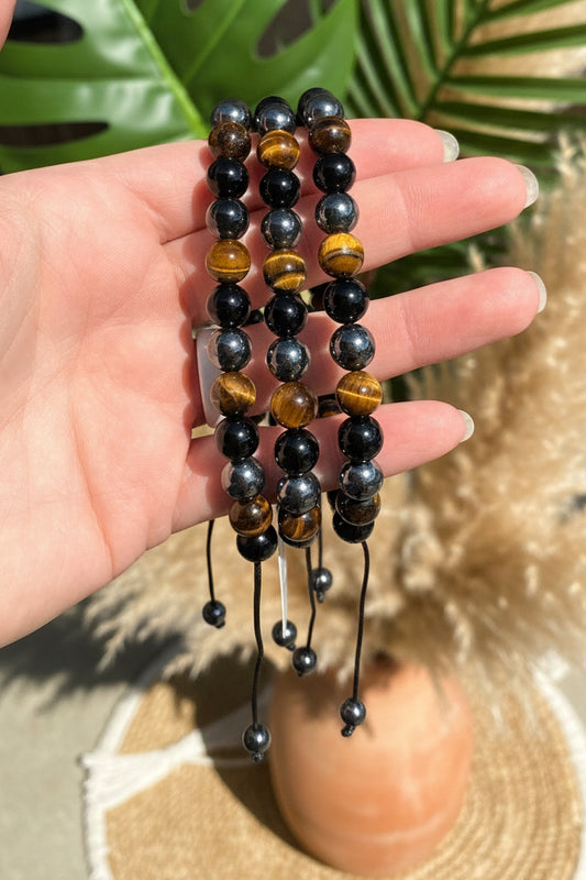 Hematite•tiger’s eye•black agate string bracelet ￼